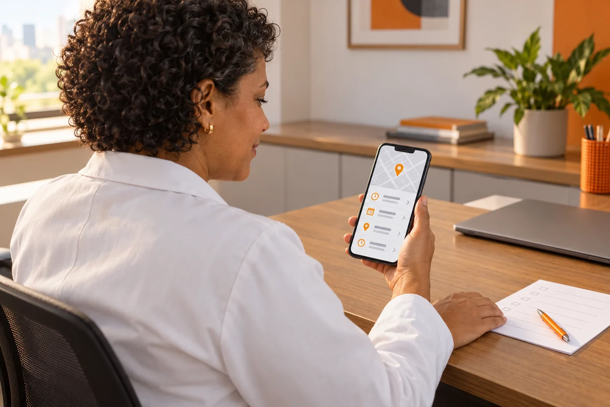 Profissional de jaleco confere uma página de localização e horários no celular com checklist na mesa.