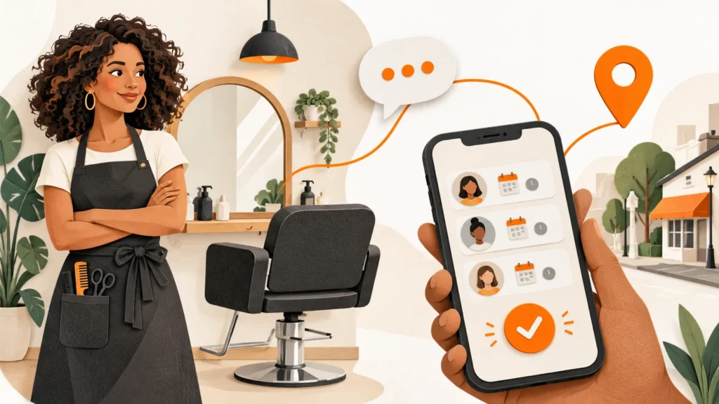 Profissional em um salão de beleza ao lado de um celular com cartões de agendamento