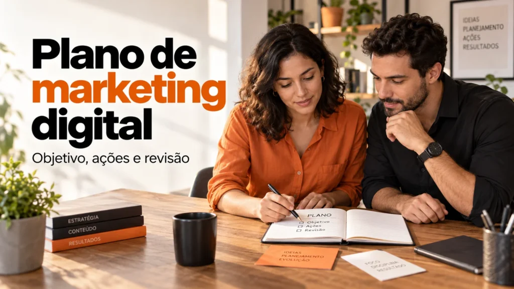Duas pessoas observam um caderno plano ao lado do título Plano de marketing digital