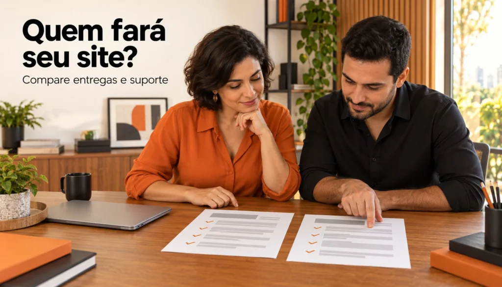 Duas pessoas comparam propostas sobre a mesa, com o título Quem fará seu site