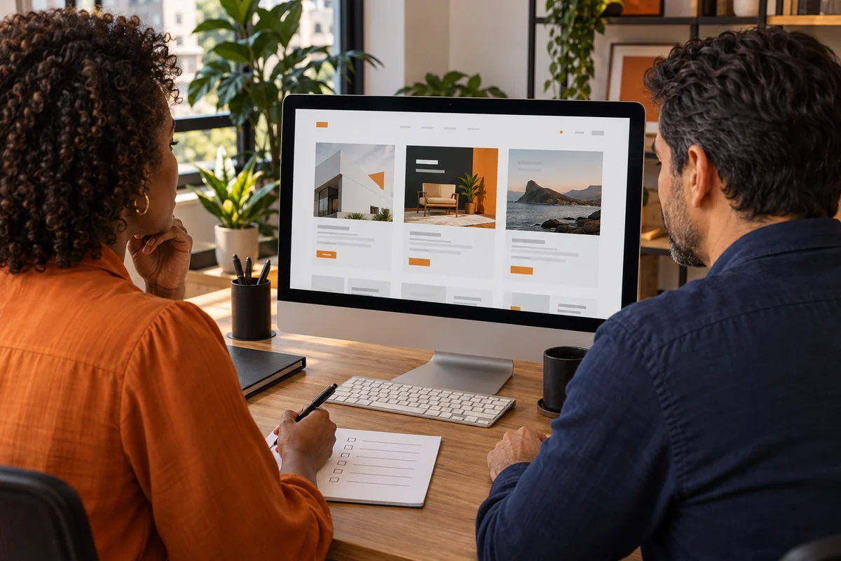Duas pessoas observam modelos de sites no monitor e registram observações em checklist sobre a mesa