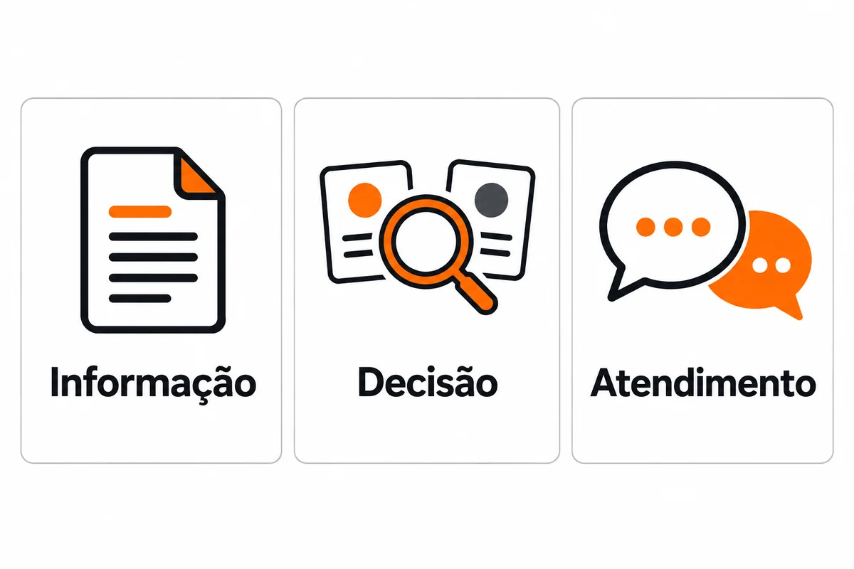 Três cartões apresentam informação, decisão e atendimento com ícones de documento, lupa e conversa
