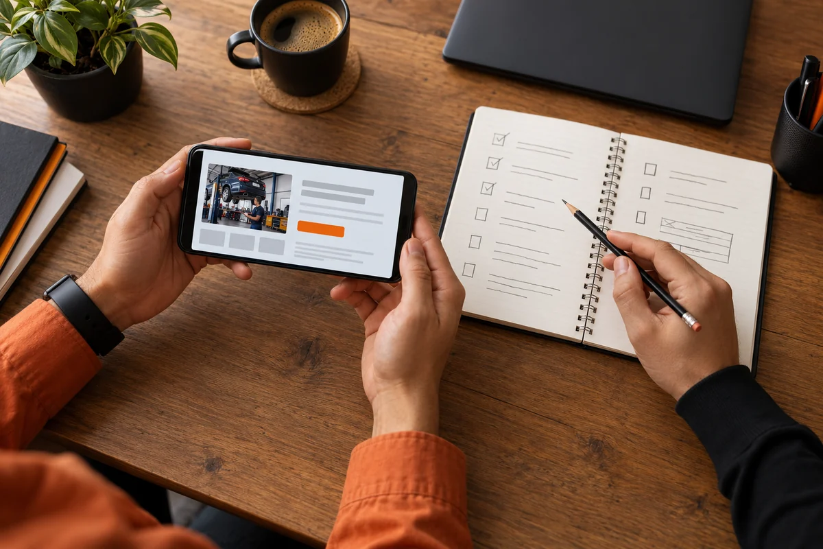 Mãos seguram um celular na horizontal e conferem um checklist em caderno aberto sobre a mesa