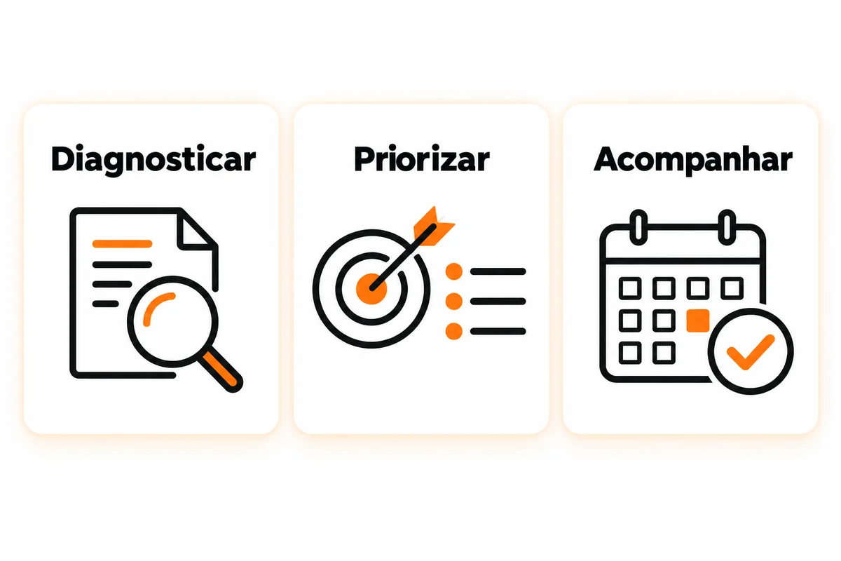 Três cartões mostram diagnosticar, priorizar e acompanhar em um projeto de consultoria
