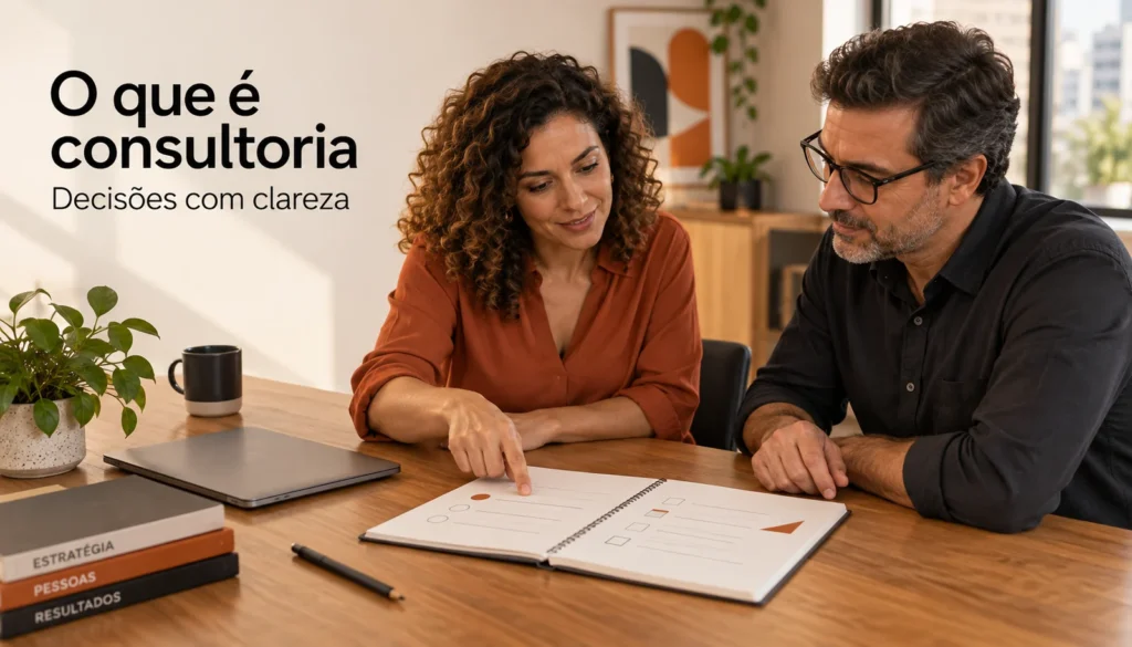 Duas pessoas sentadas lado a lado analisam um caderno aberto sobre a mesa, com o título O que é consultoria