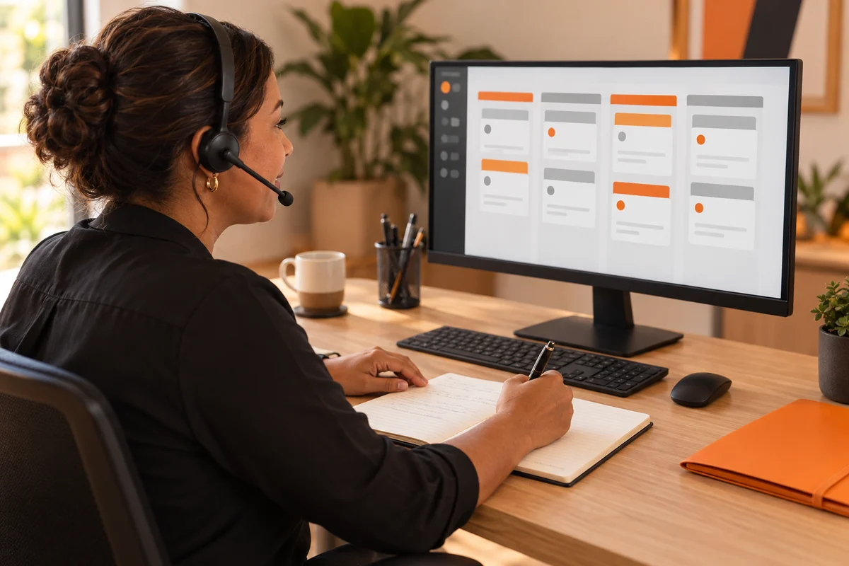 Profissional com headset consulta um quadro comercial no monitor e registra uma conversa em caderno