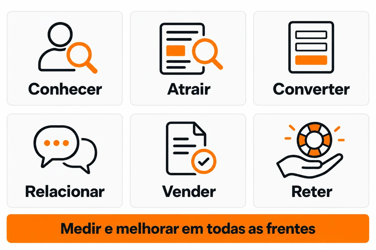 Diagrama mostra conhecer, atrair, converter, relacionar, vender e reter