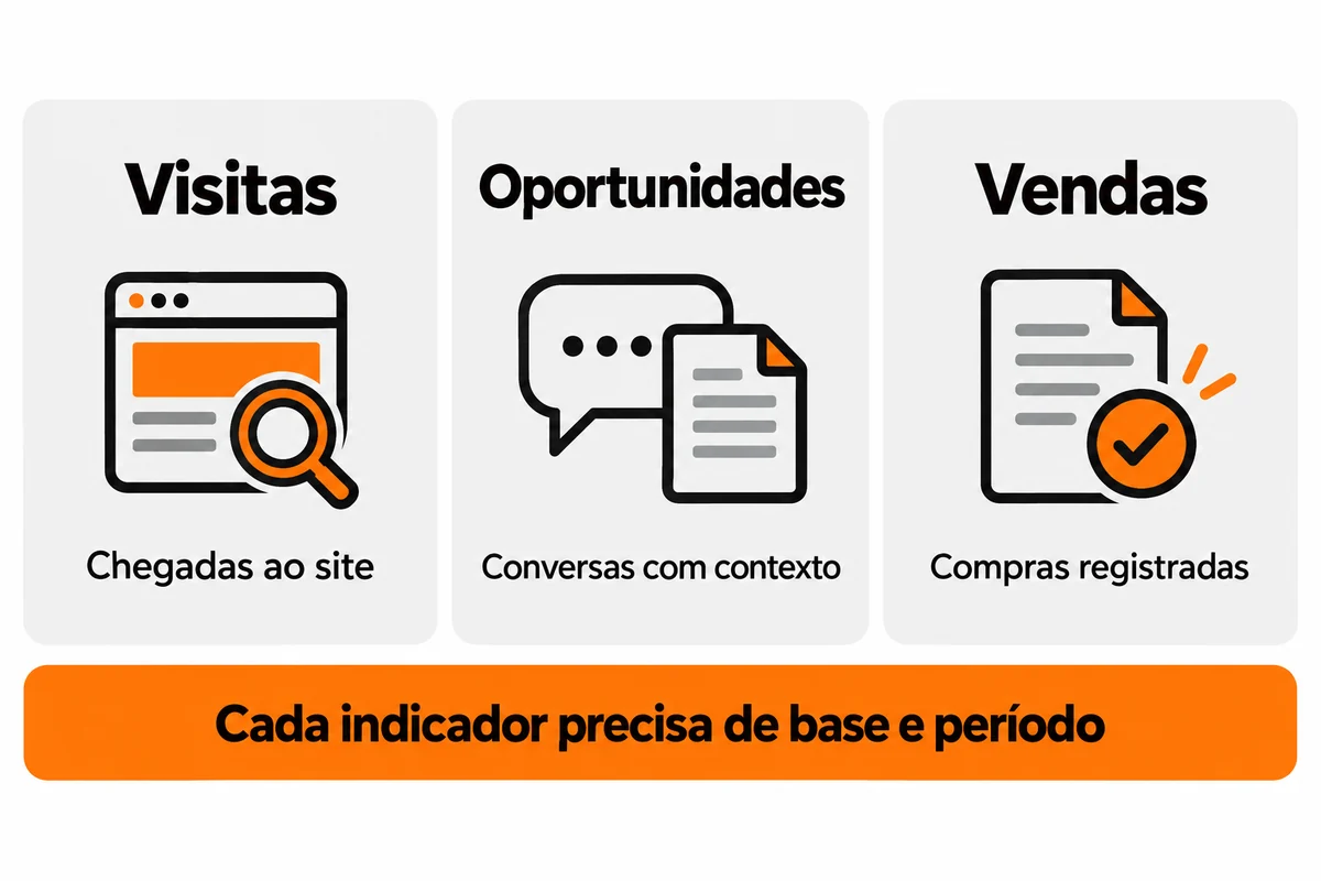 Três cartões distinguem visitas ao site, oportunidades comerciais e vendas registradas