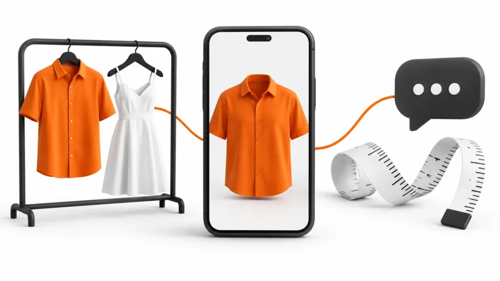 Arara com camisa laranja e vestido branco ao lado de celular com a camisa, fita métrica e balão de conversa grafite