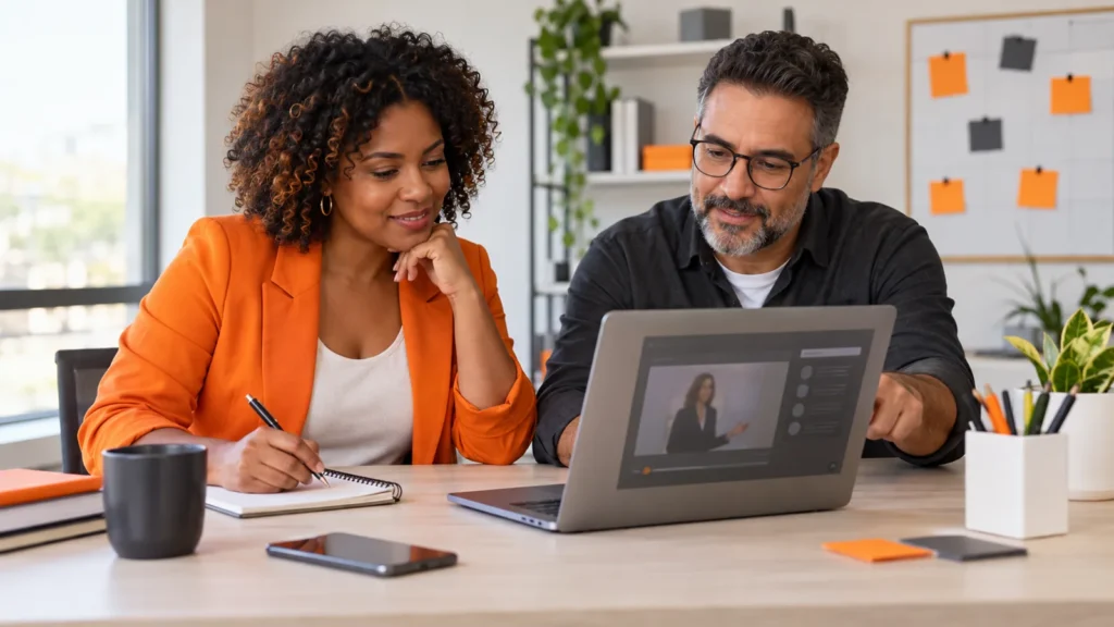 Empreendedora e gestor estudam uma aula online no notebook, com caderno e cartões de planejamento laranja e grafite.