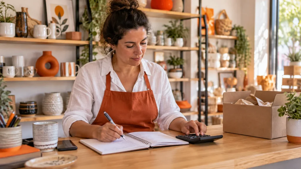 Empreendedora revisa caderno e calculadora no balcão de uma pequena loja de decoração
