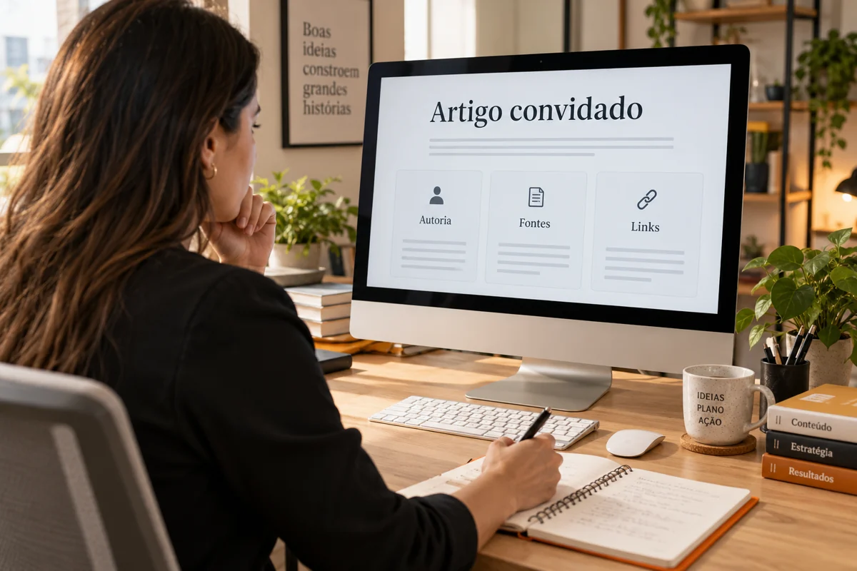 Profissional revisa um documento ilustrativo de artigo convidado com os itens Autoria, Fontes e Links