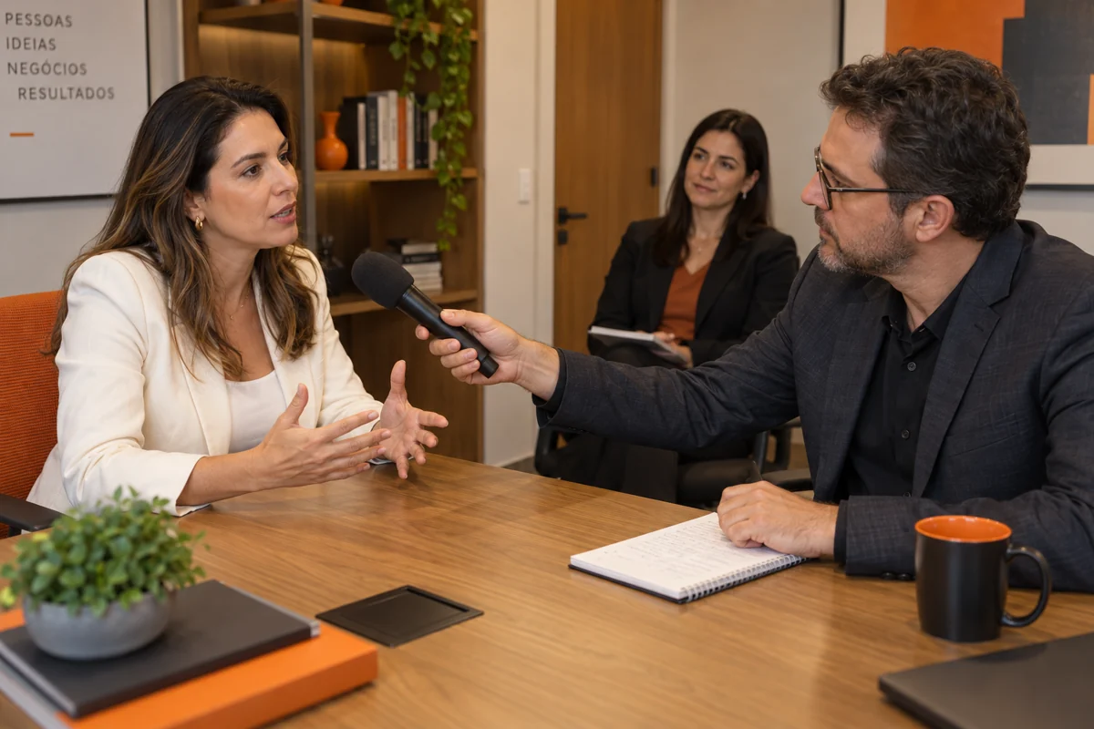Uma mulher responde a um entrevistador com microfone enquanto outra profissional acompanha a conversa.