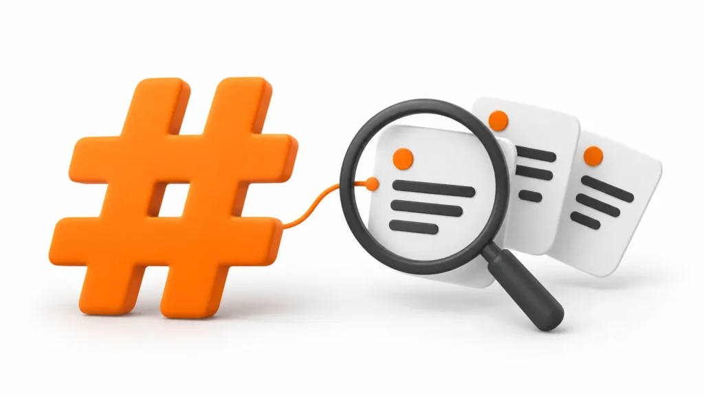Símbolo de hashtag laranja conectado a três cartões de conteúdo examinados por uma lupa grafite