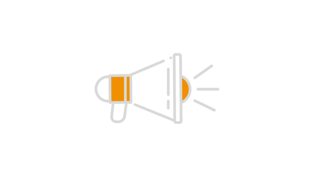Megafone branco com detalhes laranja sobre fundo grafite