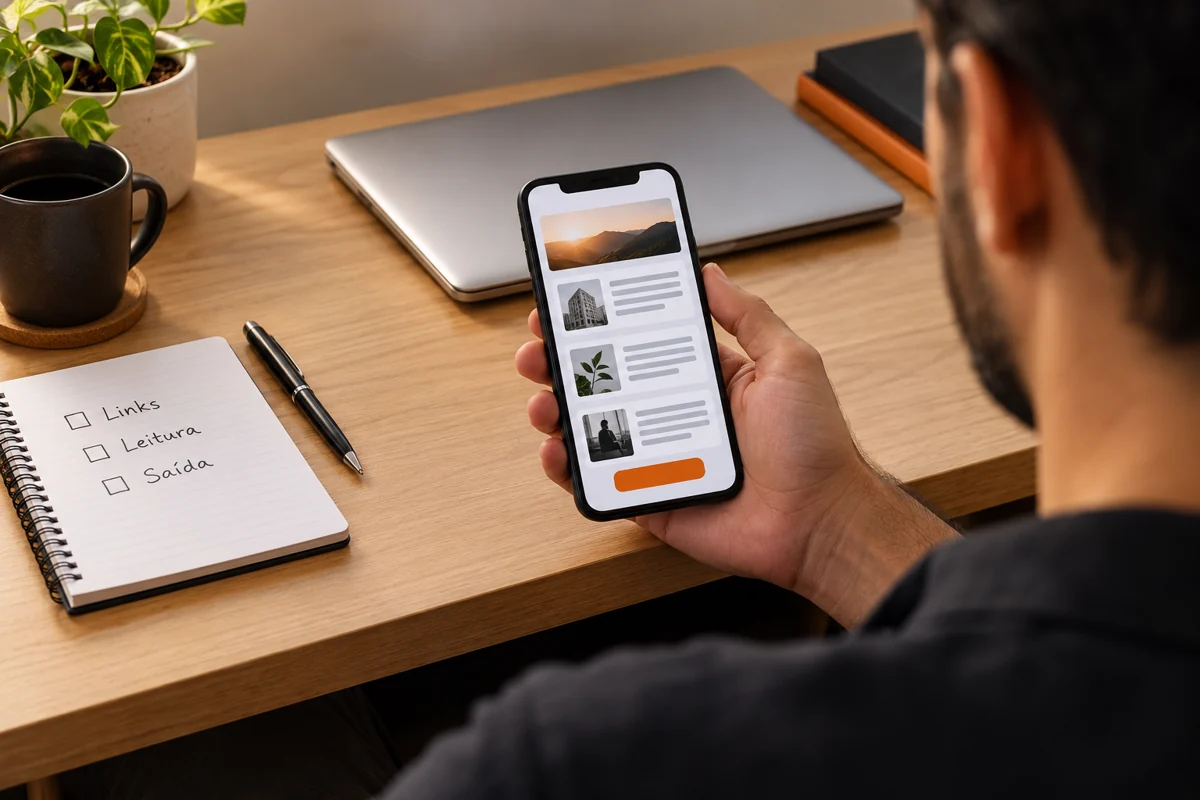 Pessoa confere um modelo de newsletter no celular ao lado de checklist de links, leitura e saída.