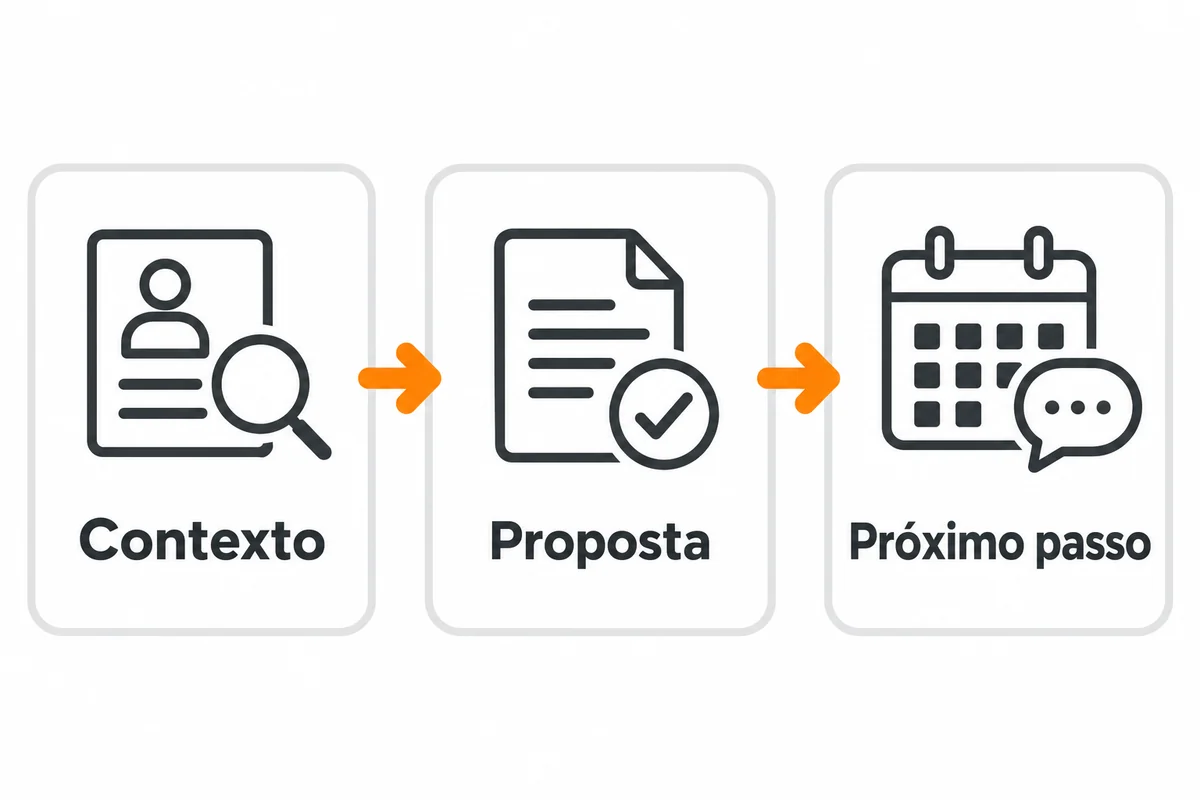 Diagrama conecta contexto, proposta e próximo passo com ficha, documento e calendário.