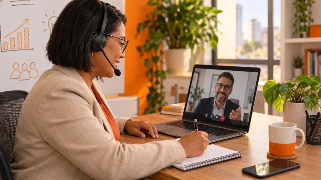 Profissional com headset faz anotações enquanto conversa por vídeo com um empresário no notebook.