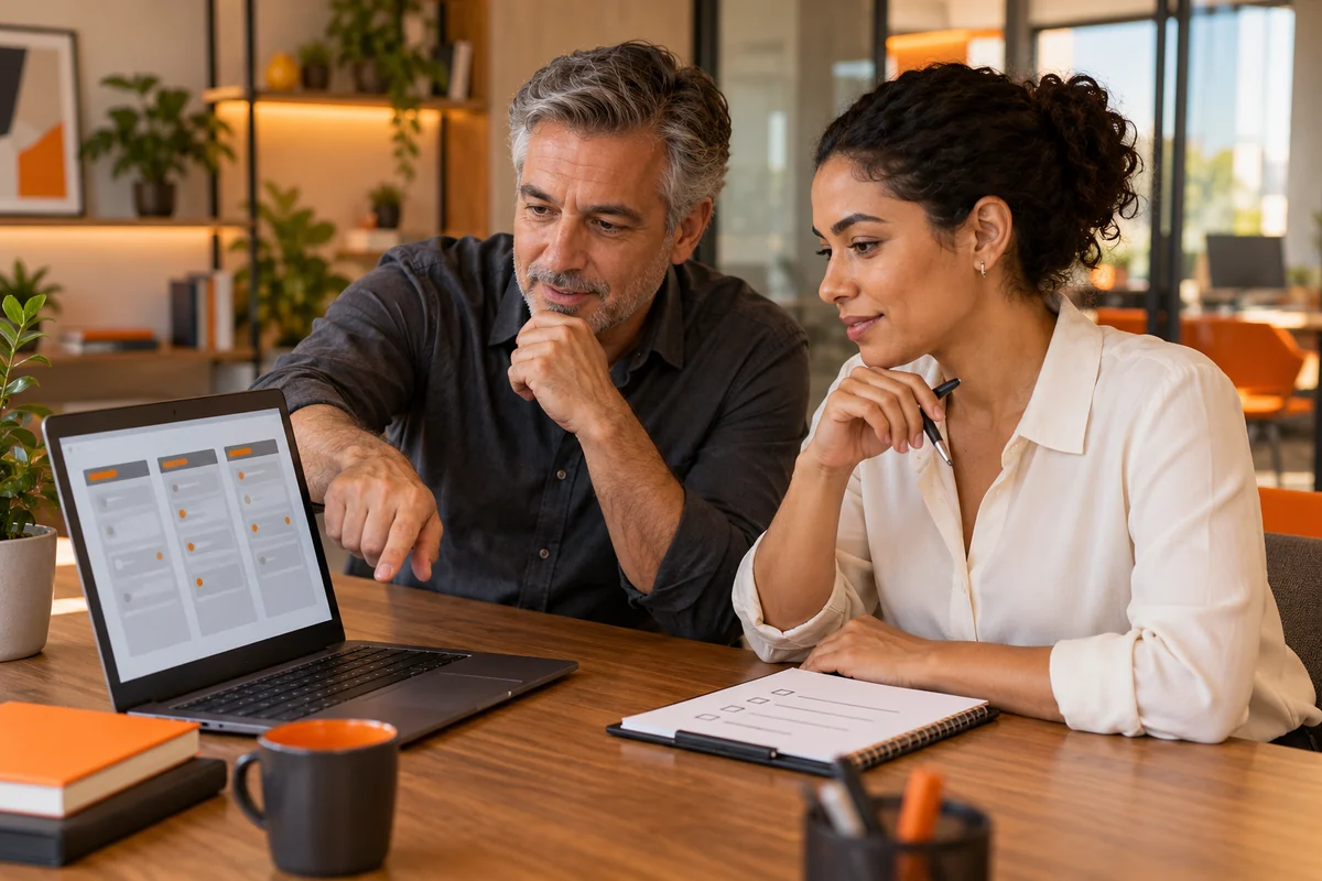 Dois gestores analisam um quadro de negócios no notebook com checklist sobre a mesa.