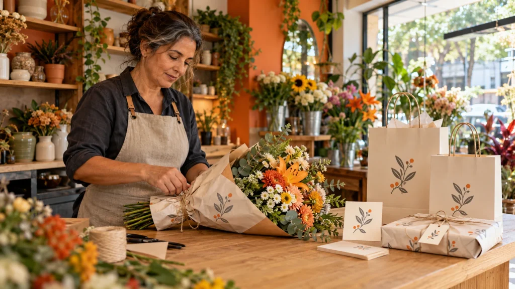 Cena ilustrativa de uma florista preparando um buquê com embalagens e materiais que mantêm a mesma identidade visual.