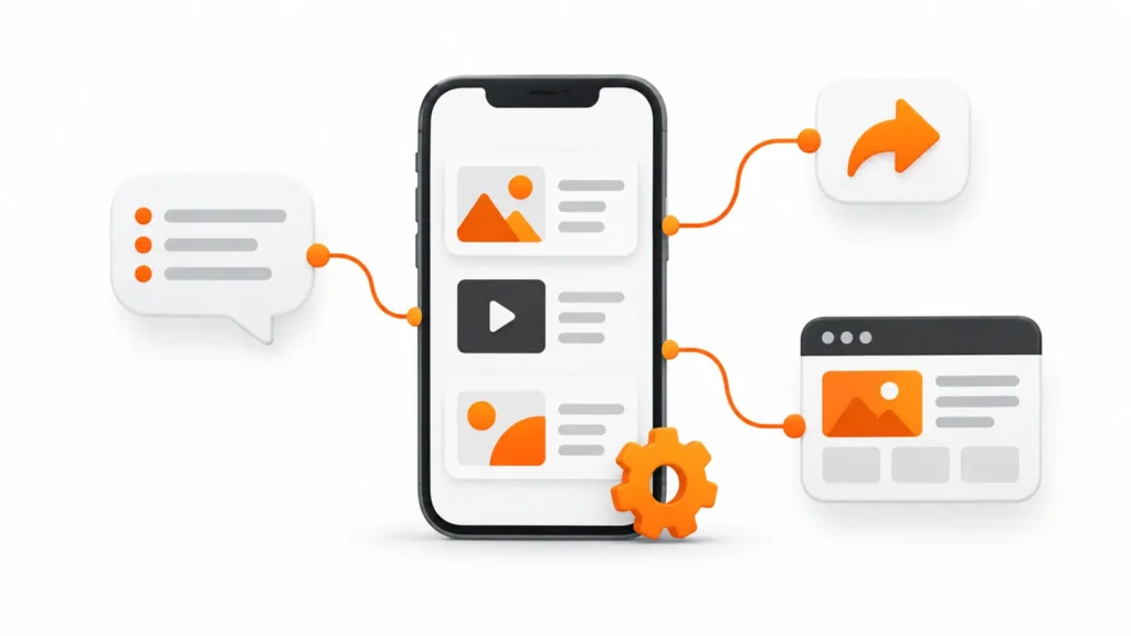 Smartphone com cartões de conteúdo conectado por linhas laranja a um balão de conversa, uma seta de compartilhar e uma página web