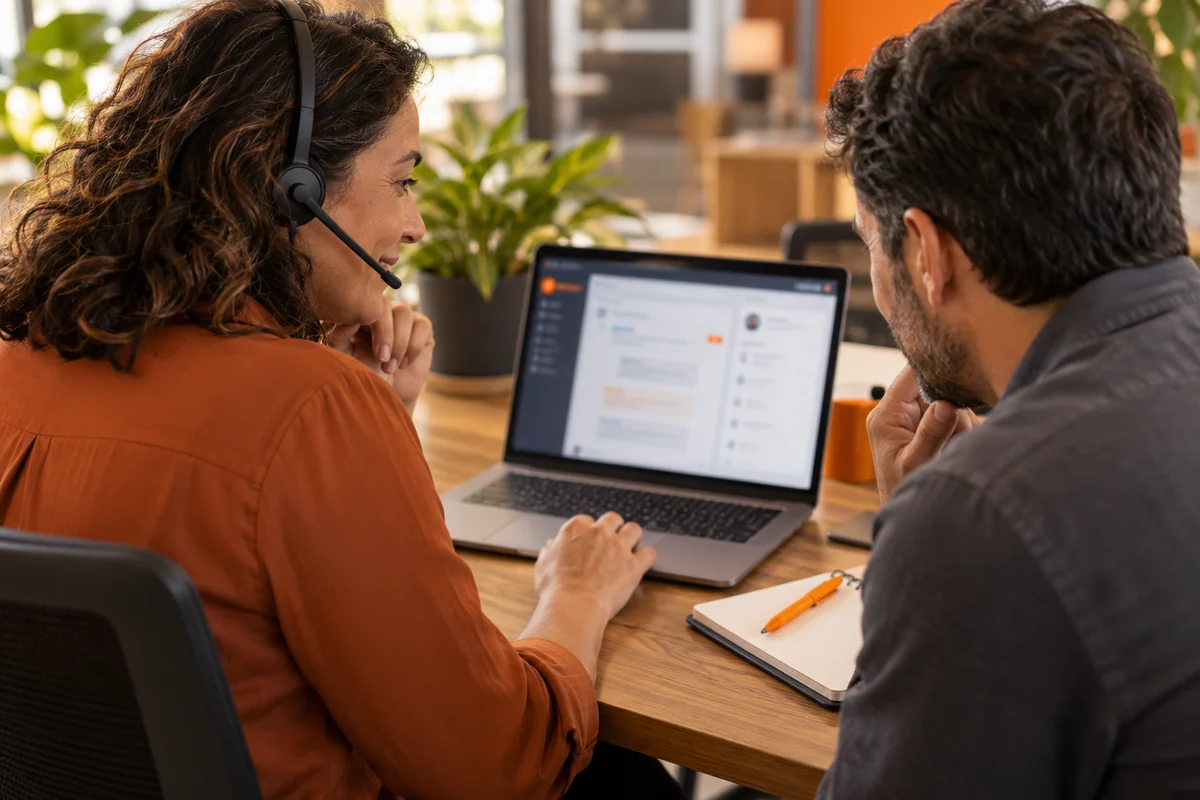 Profissional com headset e colega consultam juntos a tela de um notebook, vista por trás dos ombros.