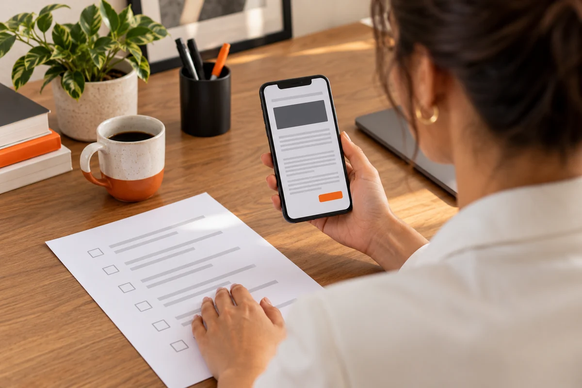 Profissional confere um artigo conceitual no celular e um checklist apoiado sobre a mesa