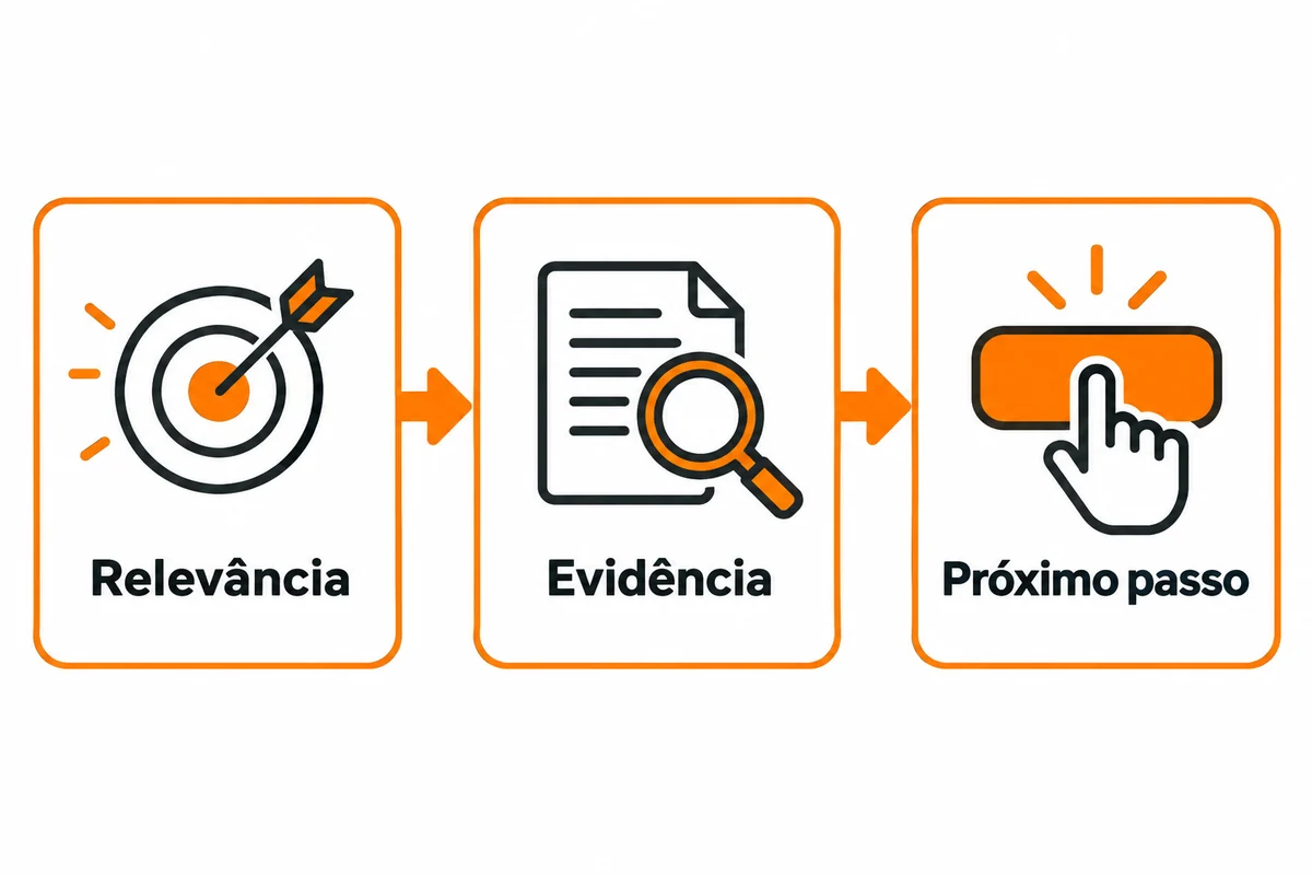Três cartões conectam relevância, evidência e próximo passo, com ícones de alvo, documento e botão.