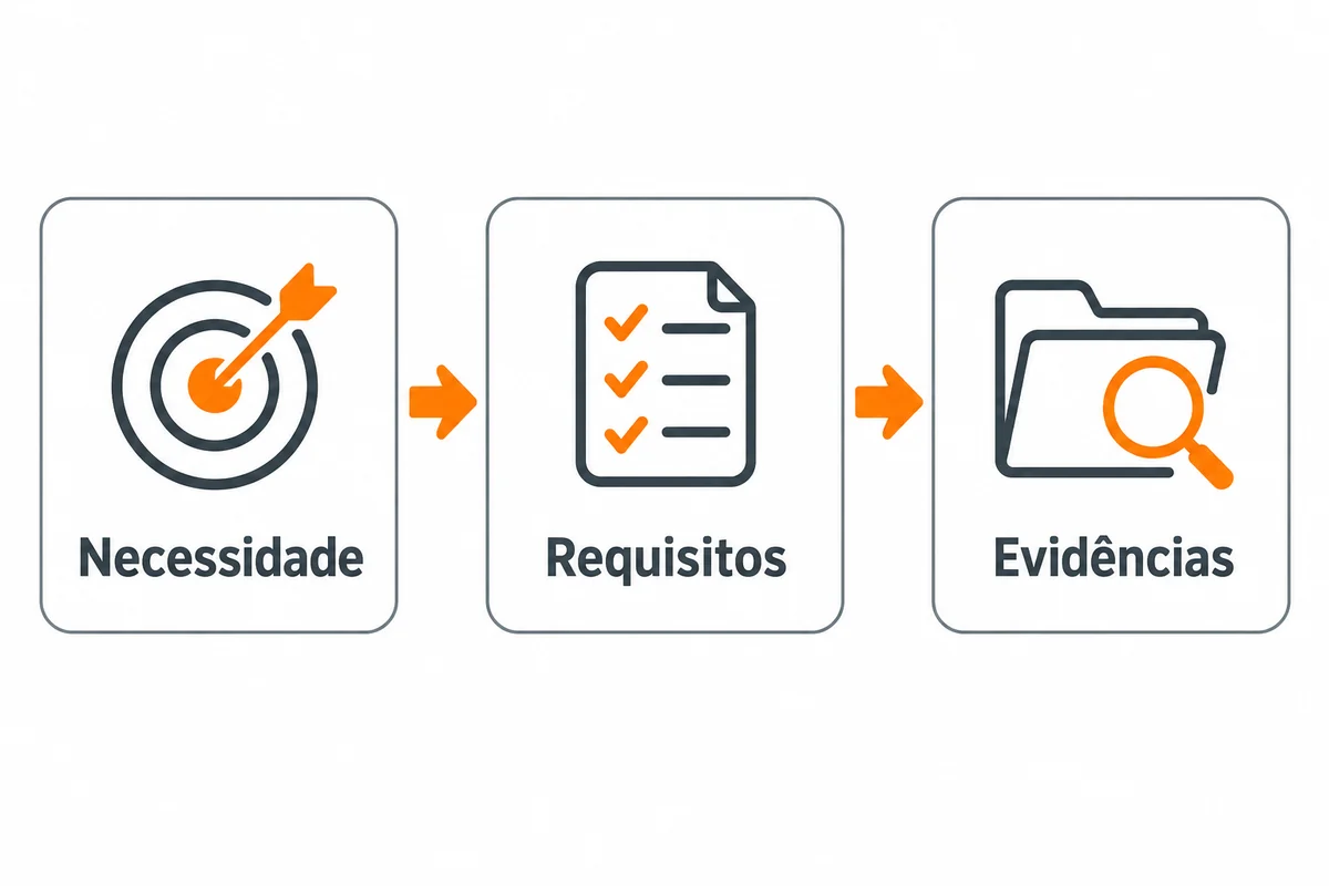 Diagrama apresenta necessidade, requisitos e evidências em três cartões conectados