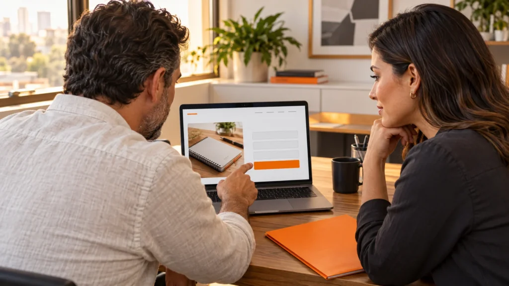 Dois profissionais revisam uma página com formulário e botão laranja na tela de um notebook.