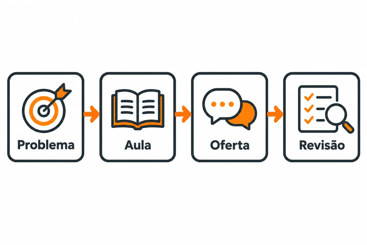 Diagrama de quatro cartões conecta problema, aula, oferta e revisão de um curso piloto