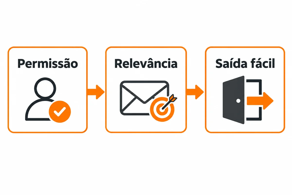 Diagrama conecta permissão, relevância e saída fácil com ícones de pessoa, envelope e porta.