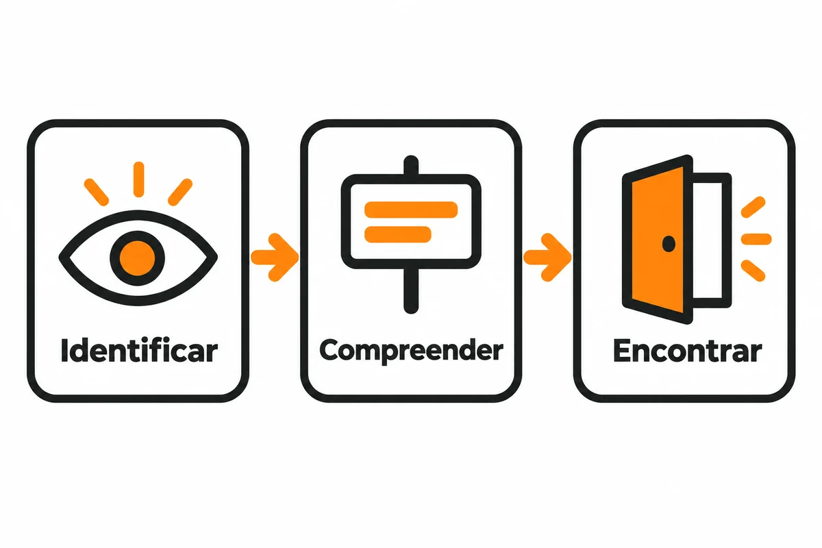 Diagrama com olho, placa e porta relaciona identificar, compreender e encontrar a loja