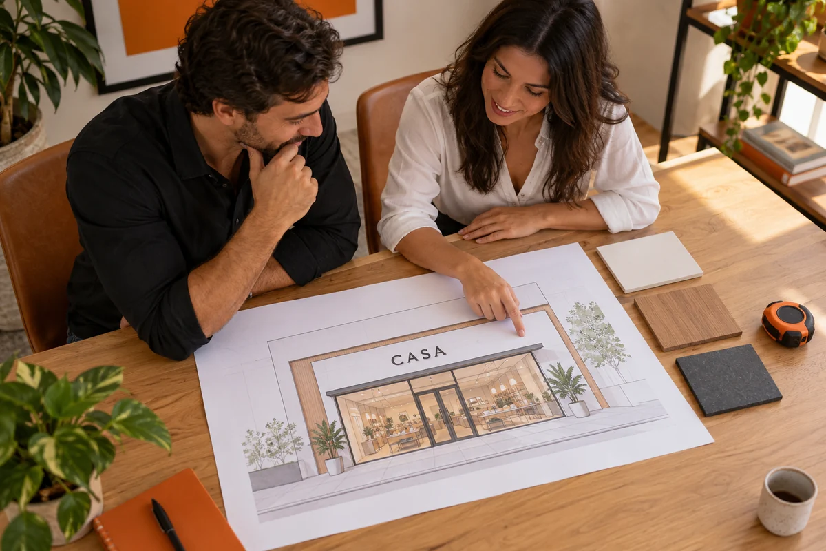 Dois profissionais observam um projeto conceitual de fachada impresso para cima sobre uma mesa com amostras