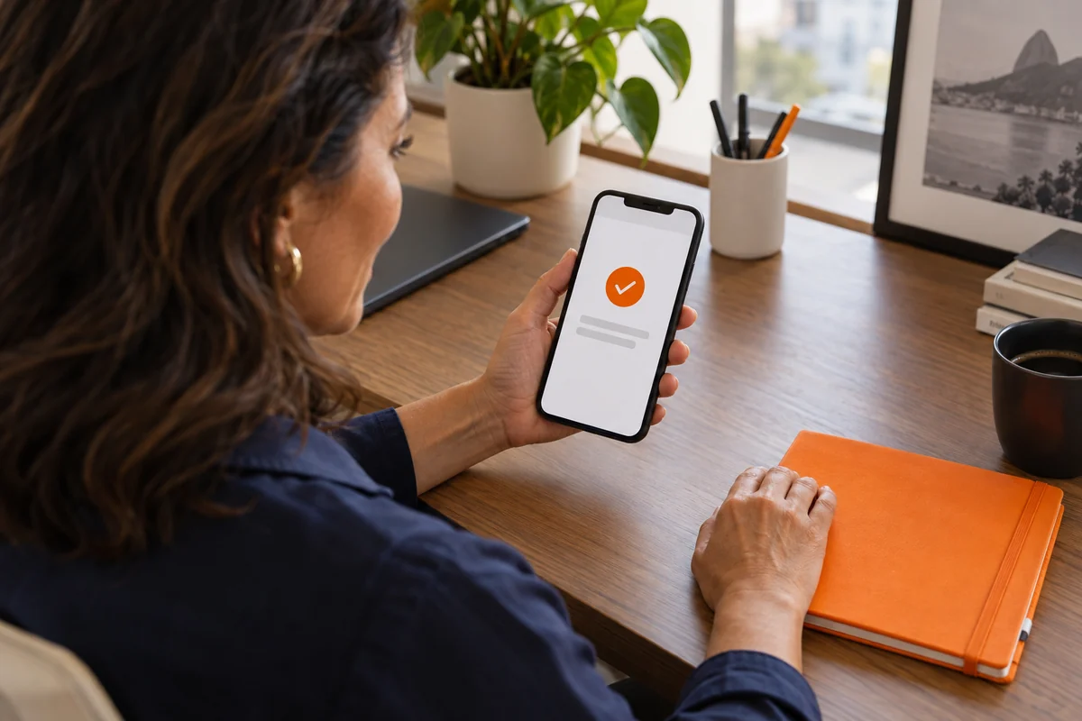 Profissional observa uma confirmação com ícone laranja na tela de um smartphone.