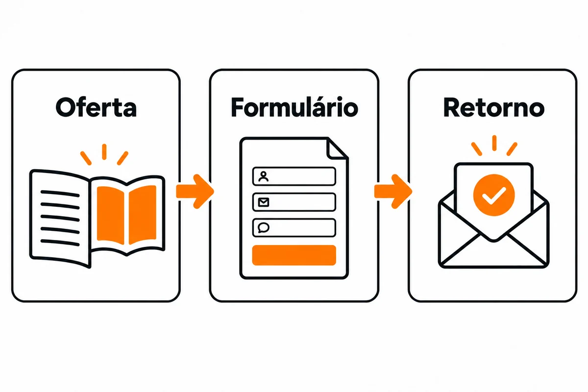 Diagrama liga uma oferta útil ao formulário e à confirmação de retorno, com setas laranja.