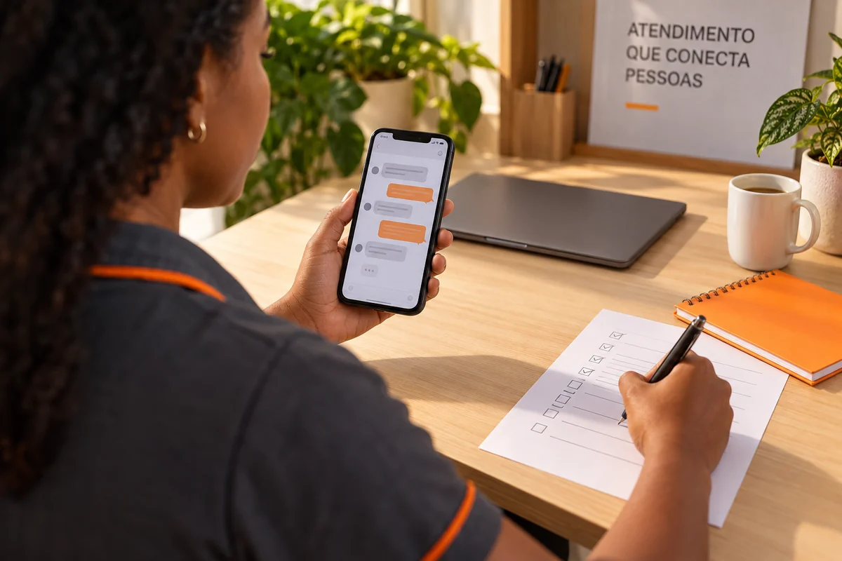 Profissional confere uma conversa conceitual no celular e anota em um checklist