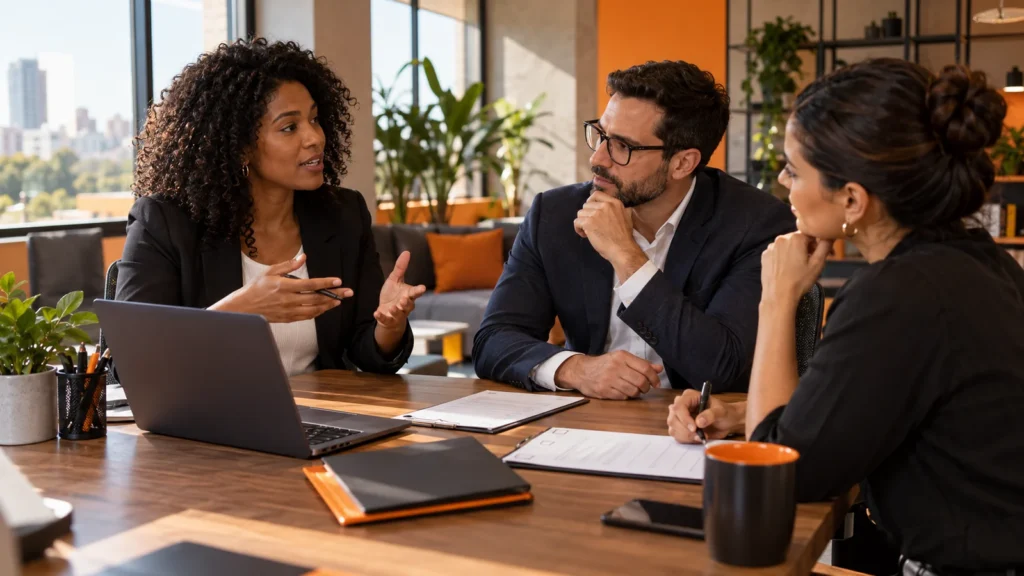 Três profissionais conversam sobre uma entrega, com notebook e checklists apoiados na mesa.
