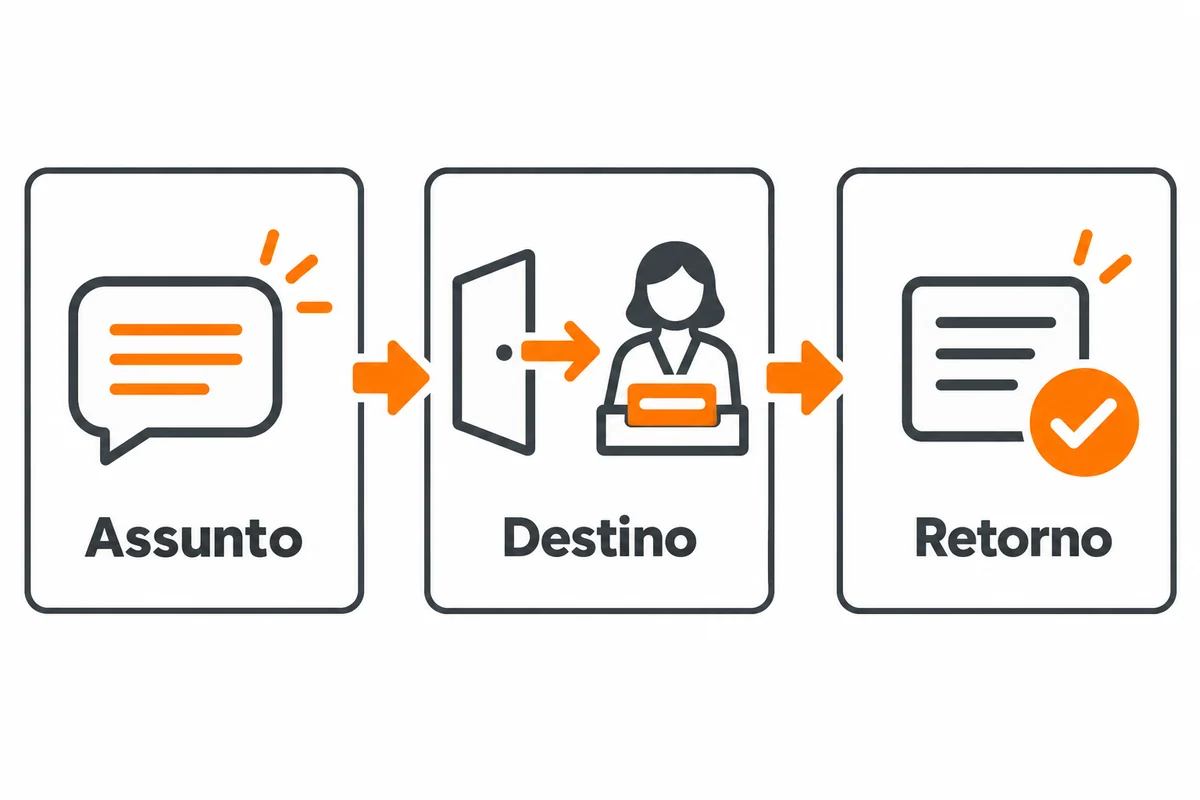 Três cartões ilustram o assunto da mensagem, o destino na equipe e o retorno ao visitante.