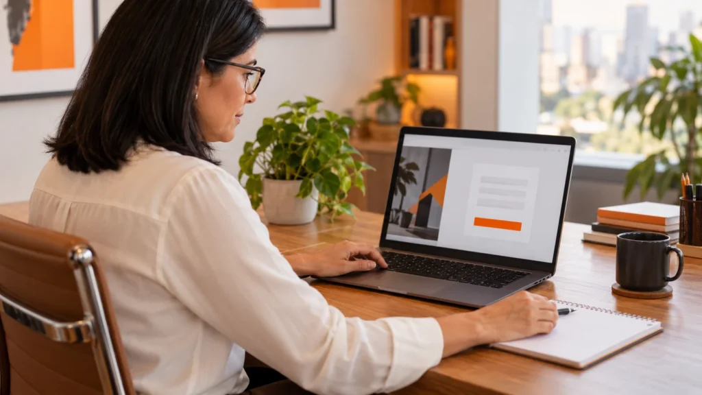Profissional observa um formulário na tela do notebook, com bloco de notas apoiado na mesa.