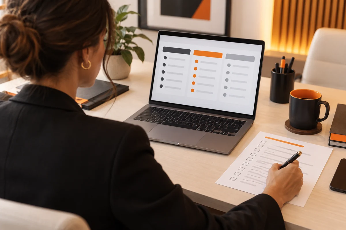 Profissional revisa uma interface abstrata de três colunas e um checklist sobre a mesa