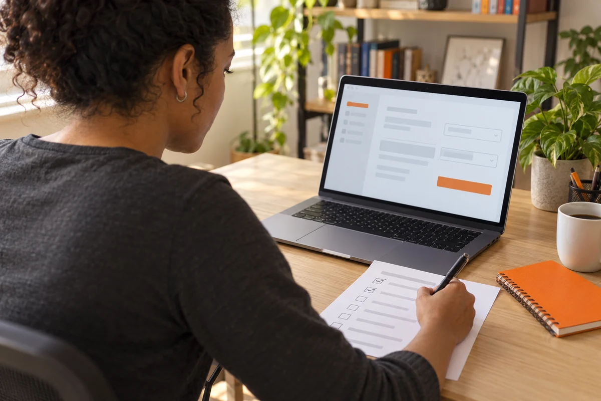 Profissional confere um formulário conceitual no notebook e anota em um checklist