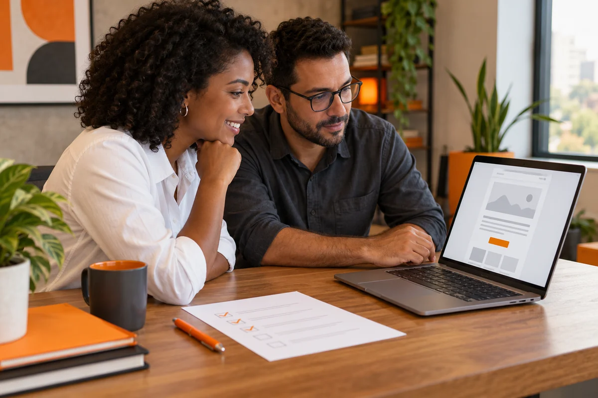 Dois profissionais revisam uma newsletter no notebook com checklist apoiado sobre a mesa.