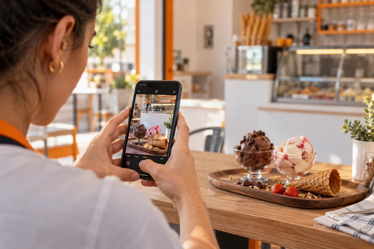 Profissional fotografa duas taças de sorvete com um smartphone voltado para o produto.