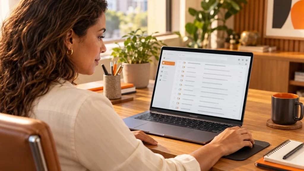 Empreendedora analisa uma lista de e-mails no notebook sobre uma mesa de madeira.