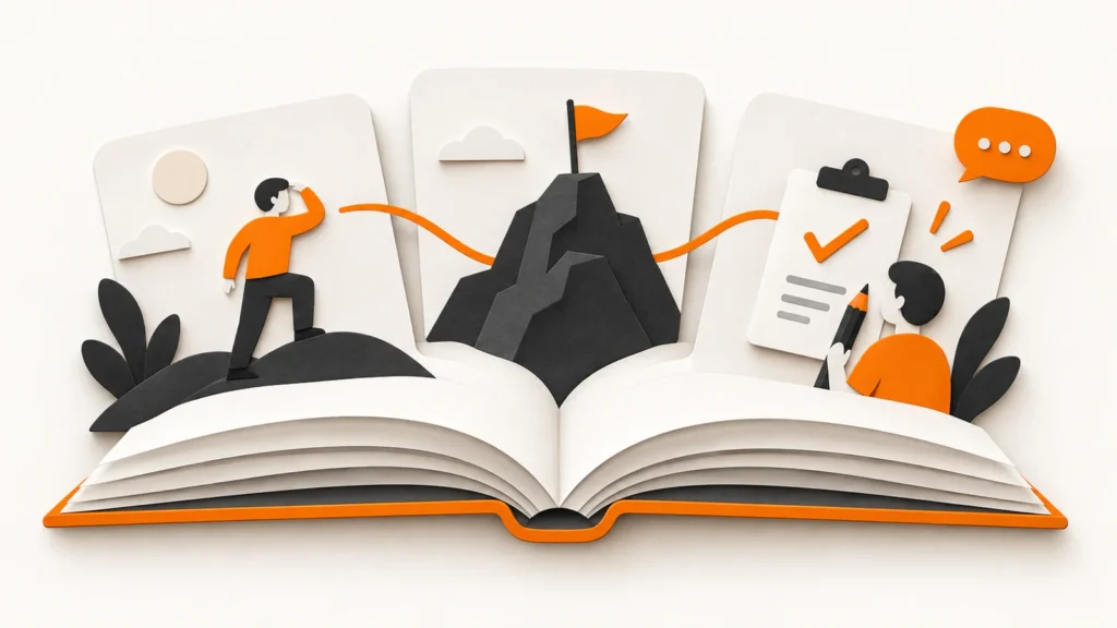 Livro aberto com cartões de personagem, obstáculo e checklist conectados por uma linha laranja sobre fundo branco