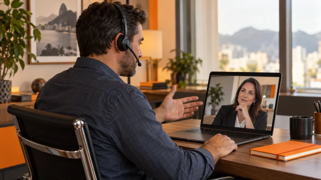 Profissional com headset conversa por vídeo com uma empresária na tela de um notebook.
