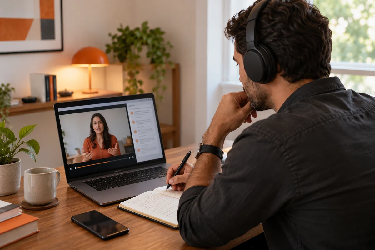Profissional com fones acompanha a gravação de um webinar no notebook e faz anotações.