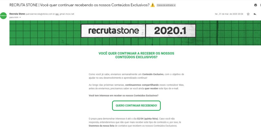 Exemplo de email do Recrutastone mostrando como fazer Marketing na caixa de entrada do email para o resgate de leads - MAIKON.biz