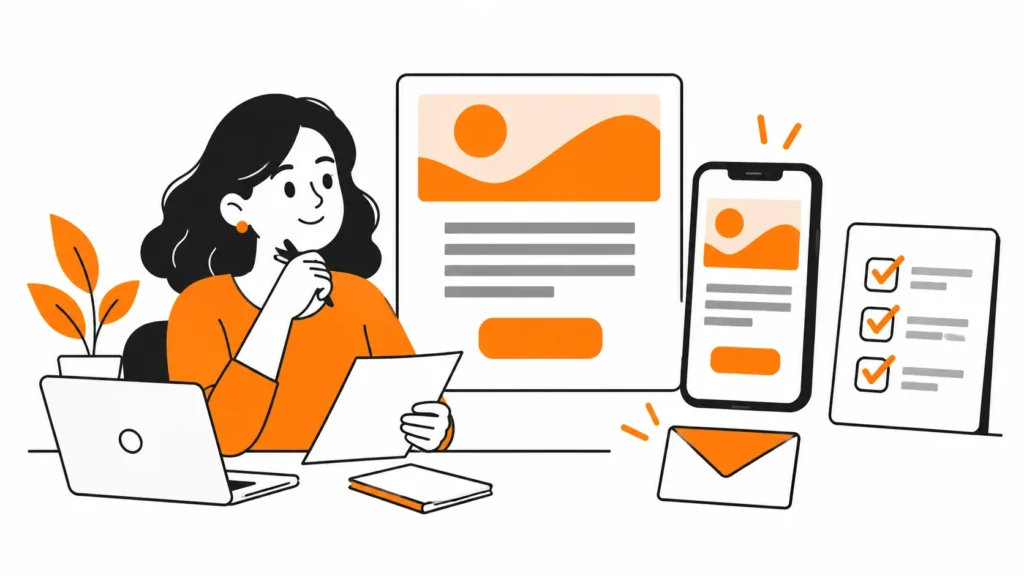 Profissional revisa uma mensagem ao lado de cartões de e-mail em tela e celular, envelope e checklist com três marcações